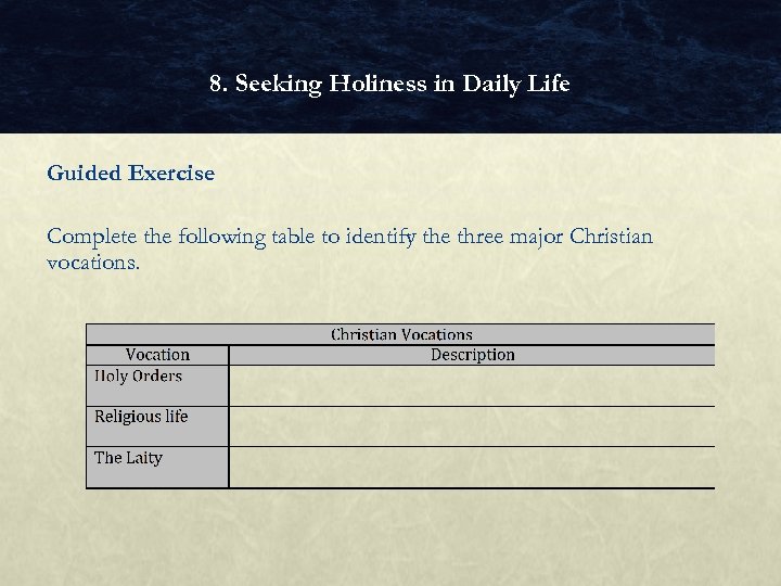 8. Seeking Holiness in Daily Life Guided Exercise Complete the following table to identify