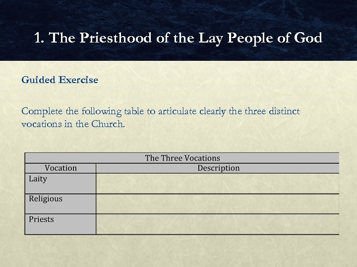 1. The Priesthood of the Lay People of God Guided Exercise Complete the following