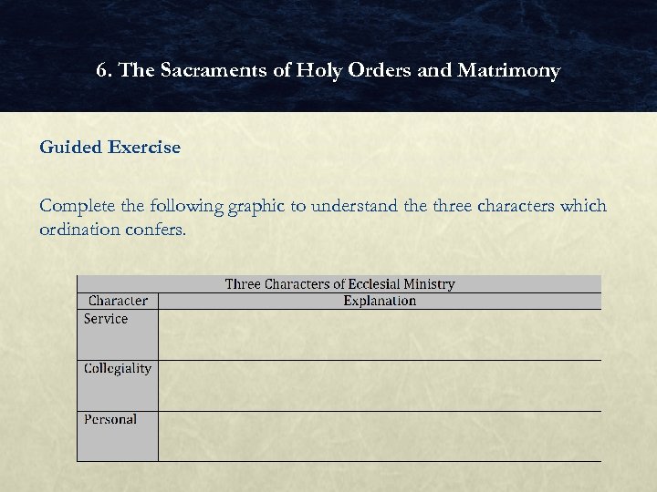6. The Sacraments of Holy Orders and Matrimony Guided Exercise Complete the following graphic