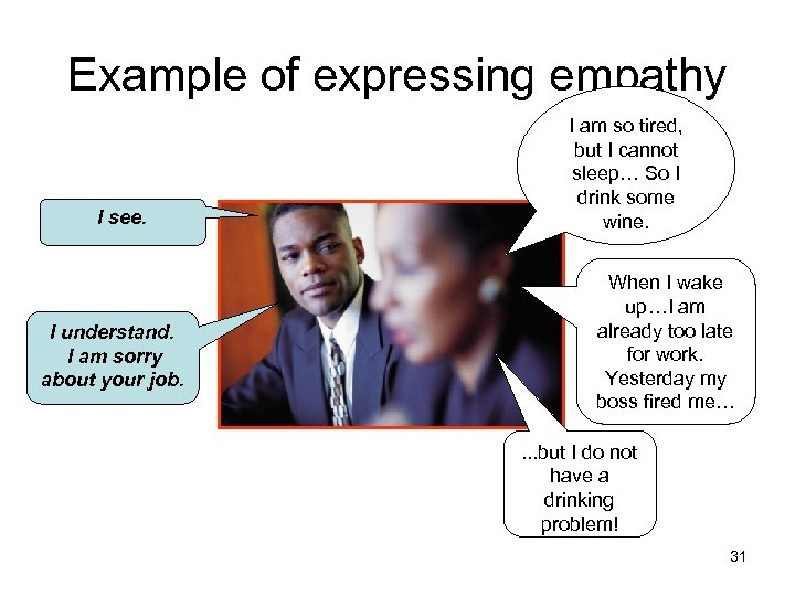 Example of expressing empathy I see. I understand. I am sorry about your job.