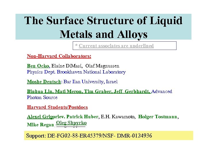 The Surface Structure of Liquid Metals and Alloys * Current associates are underlined Non-Harvard