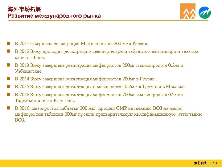 海外市场拓展 Развитие международного рынка n В 2011 завершена регистрация Мифепристона 200 мг в России.