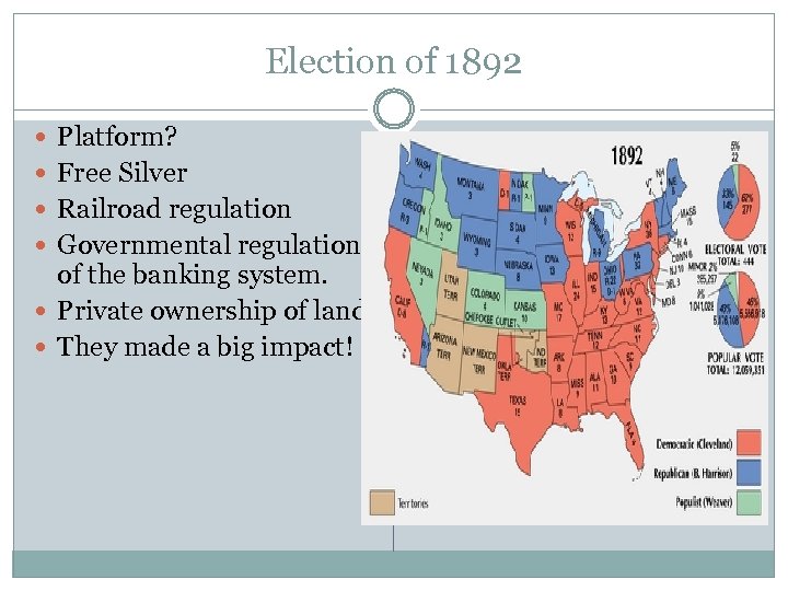 Election of 1892 Platform? Free Silver Railroad regulation Governmental regulation of the banking system.