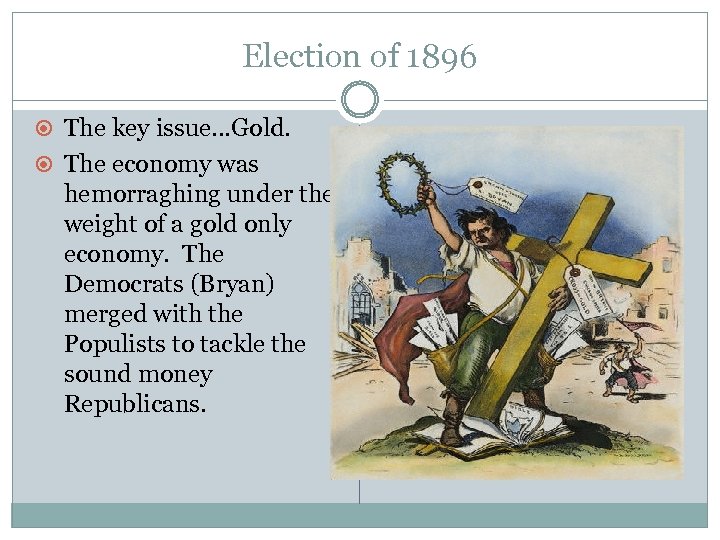 Election of 1896 The key issue…Gold. The economy was hemorraghing under the weight of