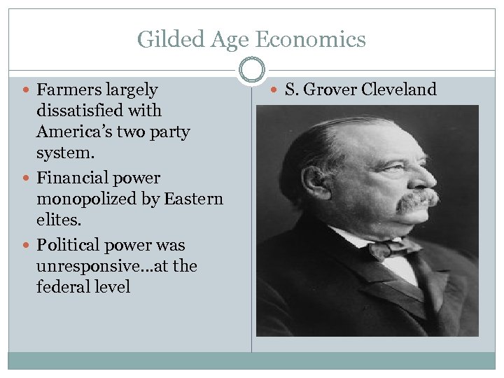 Gilded Age Economics Farmers largely dissatisfied with America’s two party system. Financial power monopolized