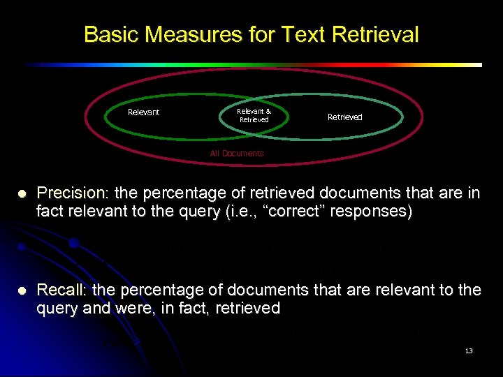 Basic Measures for Text Retrieval Relevant & Retrieved All Documents Precision: the percentage of