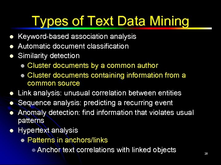 Types of Text Data Mining Keyword-based association analysis Automatic document classification Similarity detection Cluster