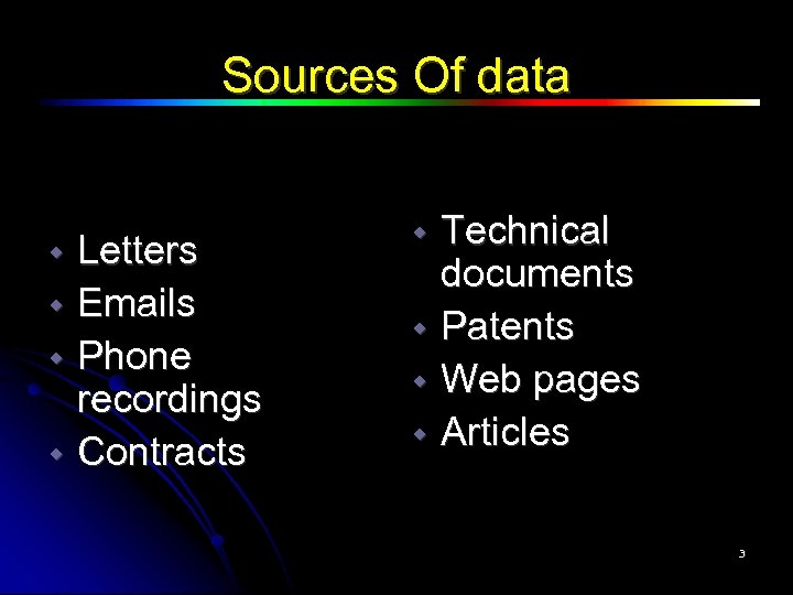 Sources Of data Letters Emails Phone recordings Contracts Technical documents Patents Web pages Articles