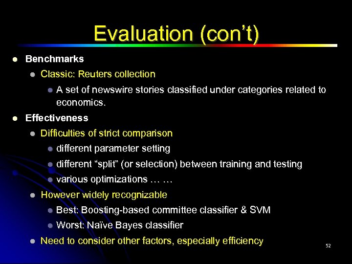Evaluation (con’t) Benchmarks Classic: Reuters collection A set of newswire stories classified under categories