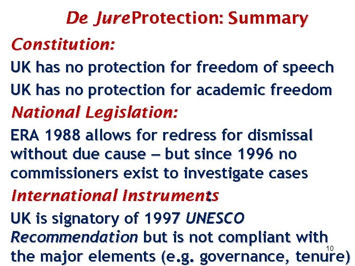 De Jure Protection: Summary Constitution: UK has no protection for freedom of speech UK