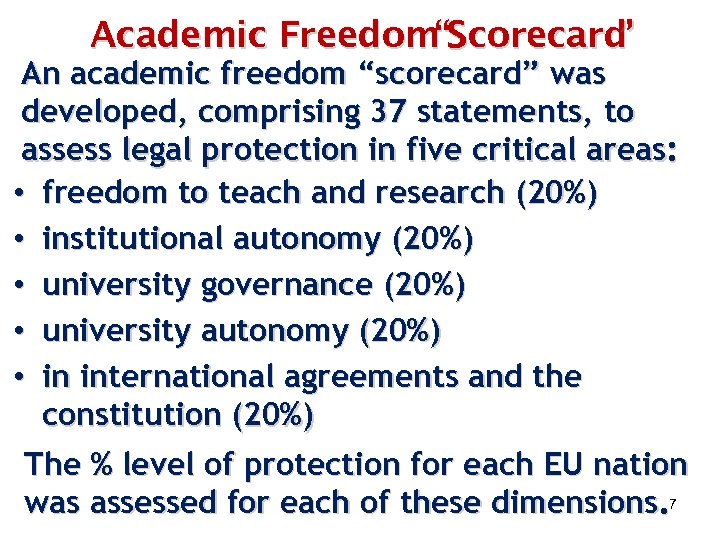 Academic Freedom“Scorecard ” An academic freedom “scorecard” was developed, comprising 37 statements, to assess