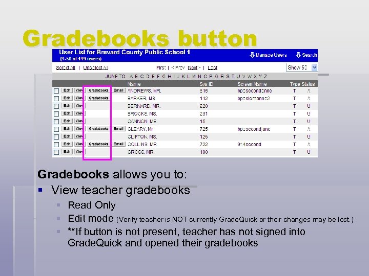 Gradebooks button Gradebooks allows you to: § View teacher gradebooks § Read Only §