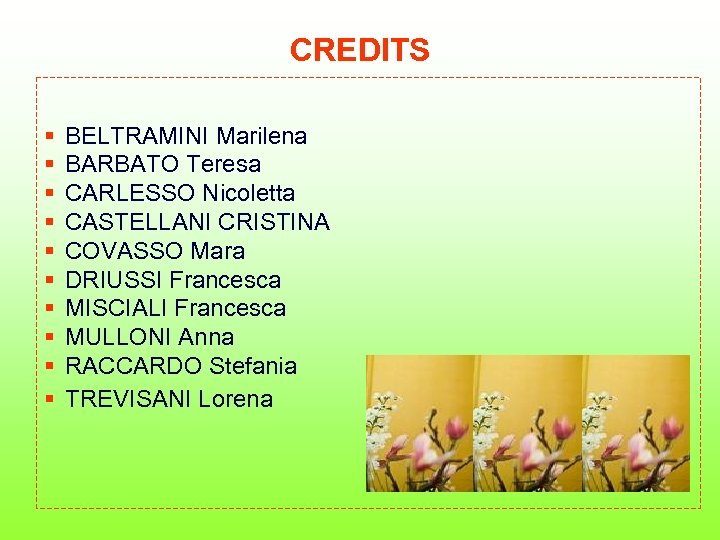 CREDITS § § § § § BELTRAMINI Marilena BARBATO Teresa CARLESSO Nicoletta CASTELLANI CRISTINA