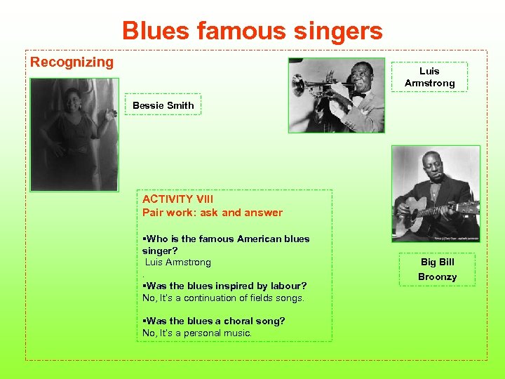 Blues famous singers Recognizing Luis Armstrong Bessie Smith ACTIVITY VIII Pair work: ask and