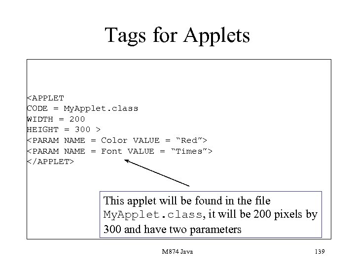 Tags for Applets <APPLET CODE = My. Applet. class WIDTH = 200 HEIGHT =