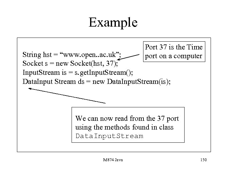 Example Port 37 is the Time port on a computer String hst = “www.