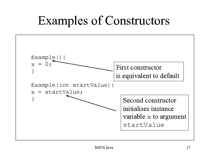 Examples of Constructors Example(){ x = 0; } First constructor is equivalent to default