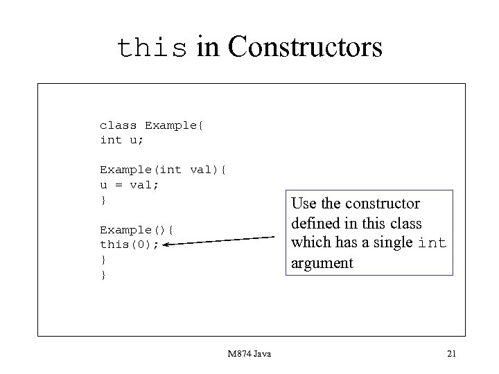 this in Constructors class Example{ int u; Example(int val){ u = val; } Use