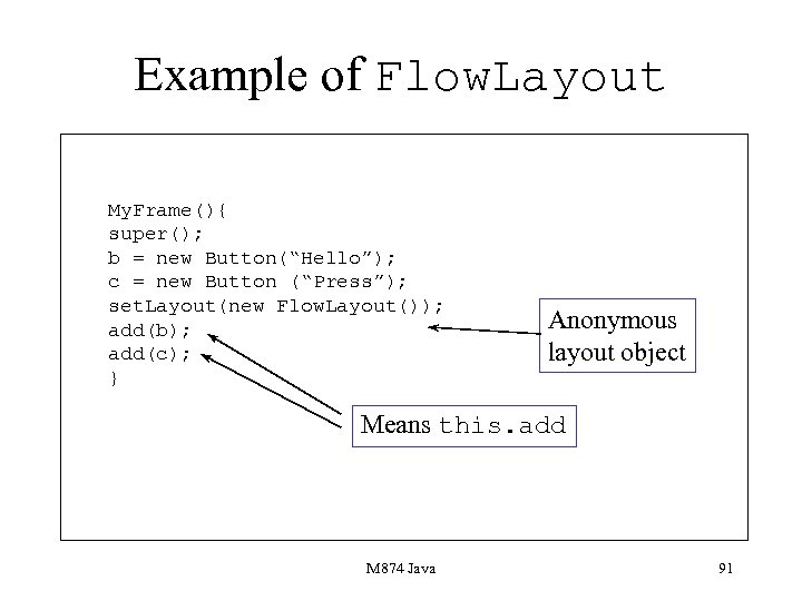 Example of Flow. Layout My. Frame(){ super(); b = new Button(“Hello”); c = new