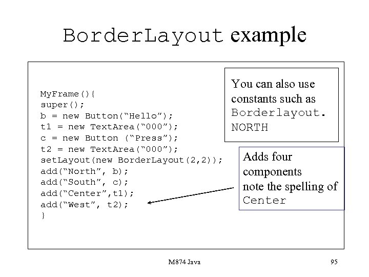 Border. Layout example My. Frame(){ super(); b = new Button(“Hello”); t 1 = new