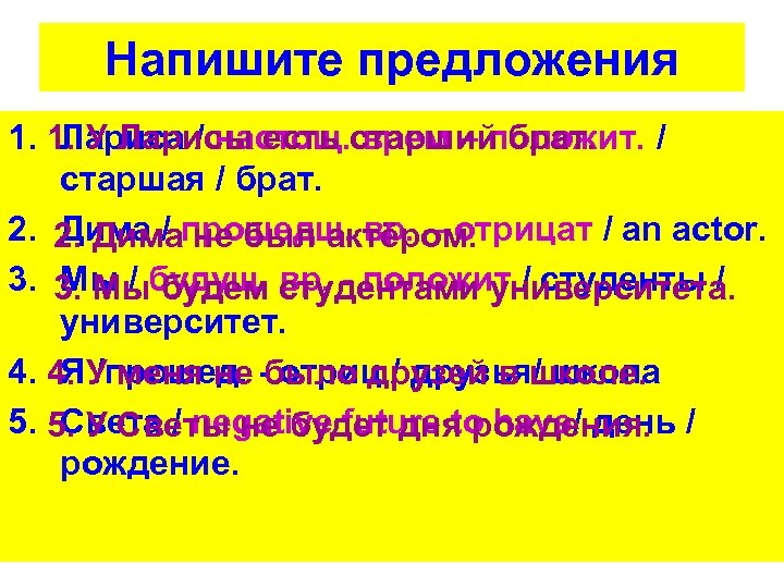Напишите предложения 1. 1. У Ларисы есть старший брат. Лариса / настощ. врем –