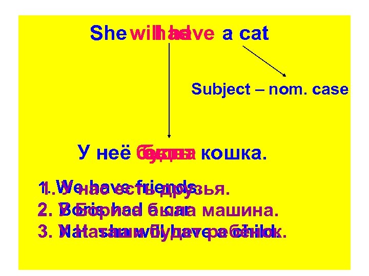 She will have a cat had has Subject – nom. case У неё будет