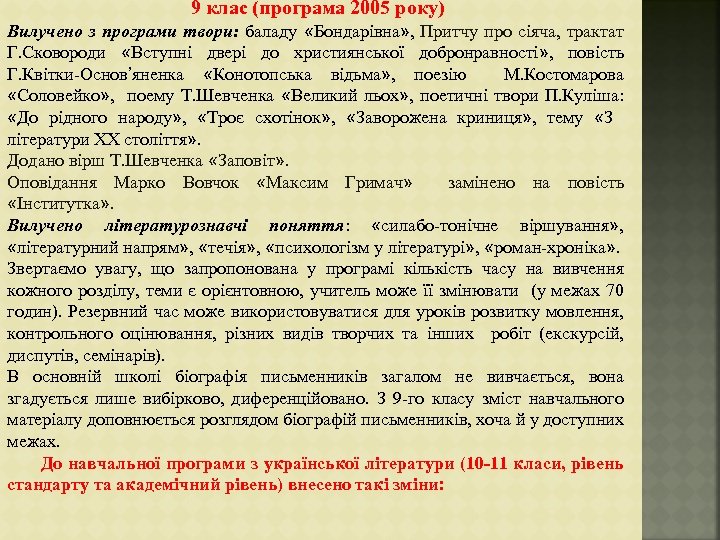 9 клас (програма 2005 року) Вилучено з програми твори: баладу «Бондарівна» , Притчу про