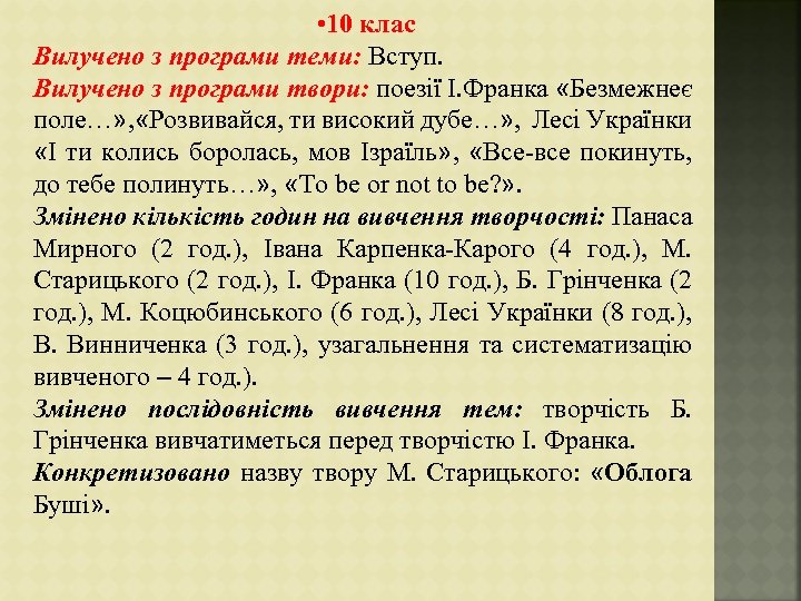  • 10 клас Вилучено з програми теми: Вступ. Вилучено з програми твори: поезії