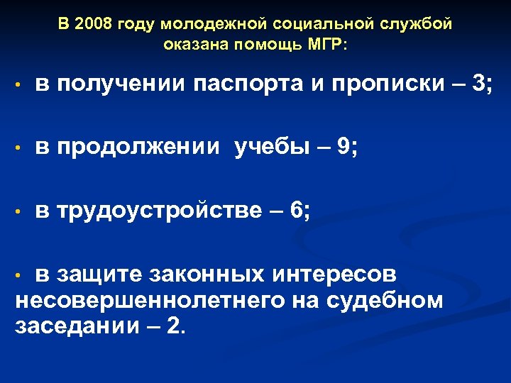 В 2008 году молодежной социальной службой оказана помощь МГР: • в получении паспорта и