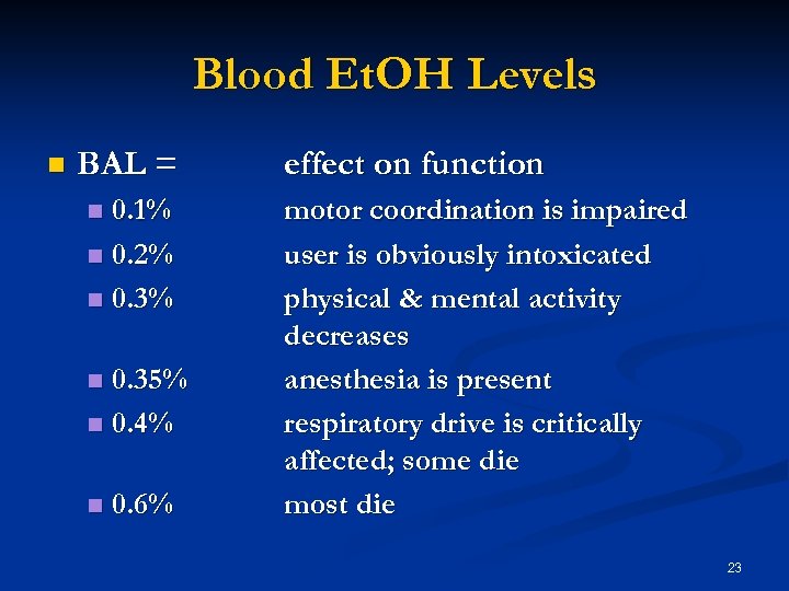 Blood Et. OH Levels n BAL = 0. 1% n 0. 2% n 0.