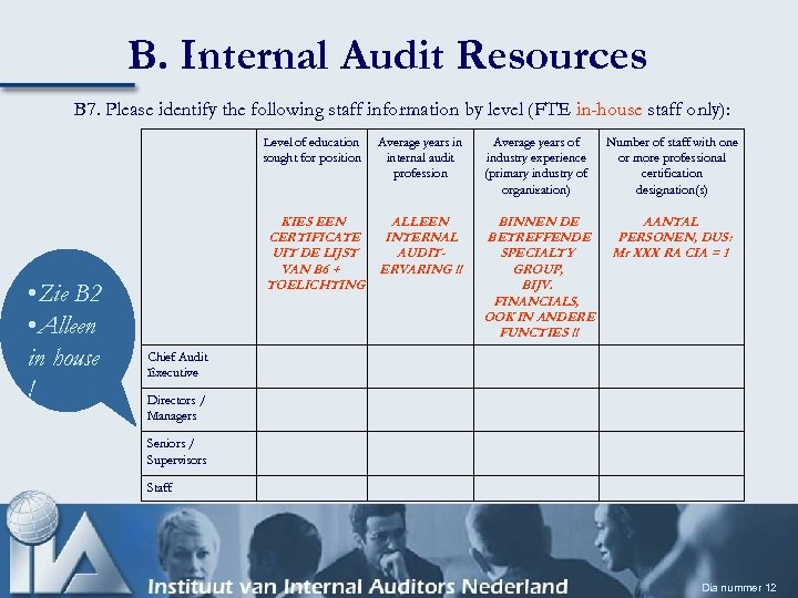 B. Internal Audit Resources B 7. Please identify the following staff information by level