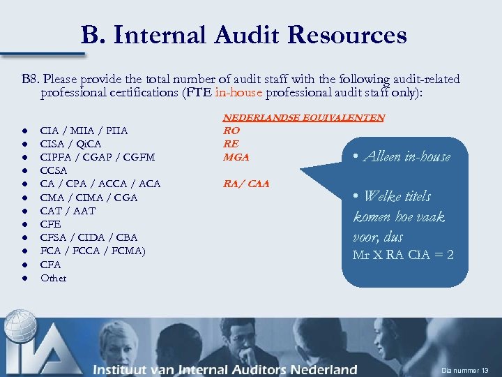 B. Internal Audit Resources B 8. Please provide the total number of audit staff
