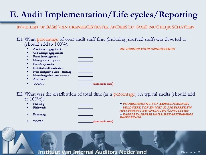 E. Audit Implementation/Life cycles/Reporting INVULLEN OP BASIS VAN URENREGISTRATIE, ANDERS ZO GOED MOGELIJK SCHATTEN