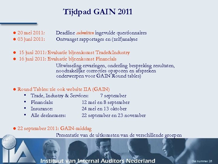 Tijdpad GAIN 2011 20 mei 2011: l 03 juni 2011: l l l Deadline