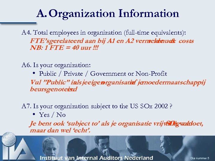 A. Organization Information A 4. Total employees in organization (full-time equivalents): FTE’sgerelateerd aan bij