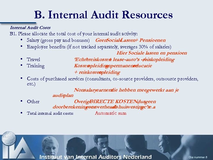 B. Internal Audit Resources Internal Audit Costs B 1. Please allocate the total cost