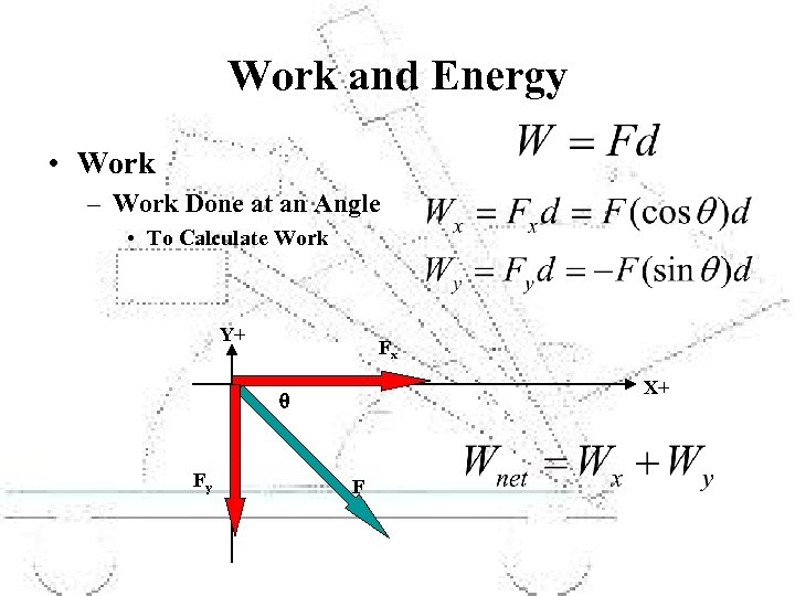 Work and Energy • Work – Work Done at an Angle • To Calculate