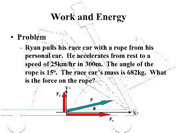 Work and Energy • Problem – Ryan pulls his race car with a rope