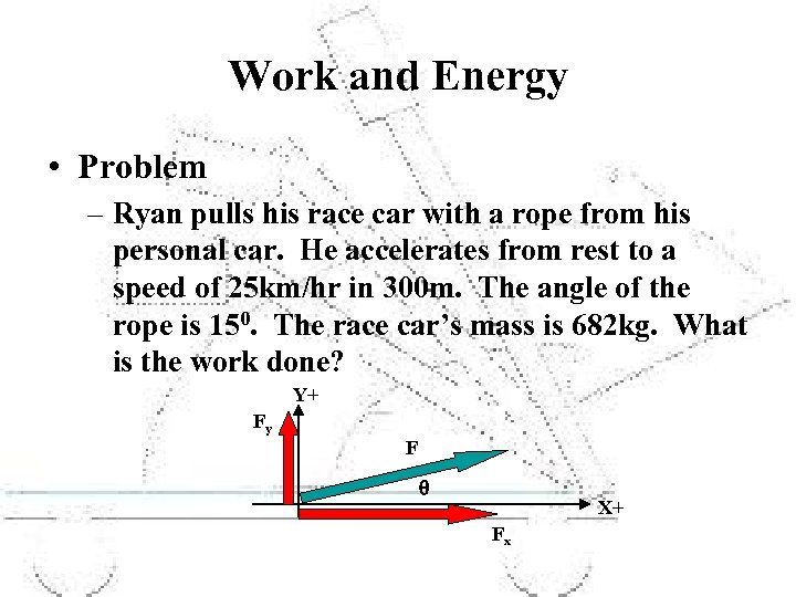 Work and Energy • Problem – Ryan pulls his race car with a rope