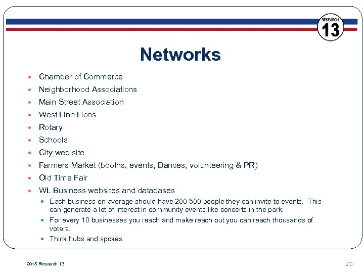 Networks Chamber of Commerce Neighborhood Associations Main Street Association West Linn Lions Rotary Schools