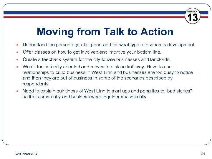 Moving from Talk to Action Understand the percentage of support and for what type