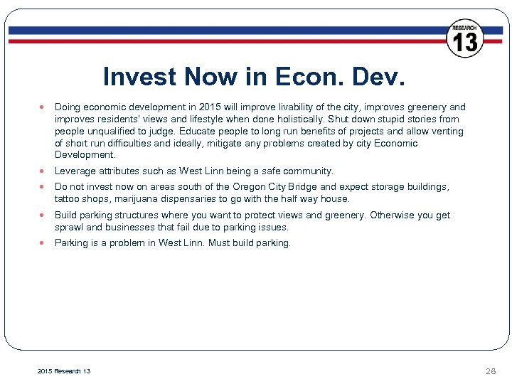 Invest Now in Econ. Dev. Doing economic development in 2015 will improve livability of