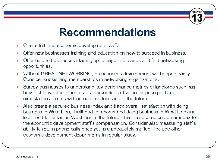 Recommendations Create full time economic development staff. Offer new businesses training and education on