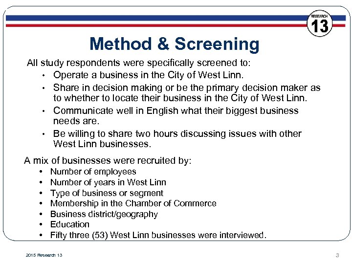 Method & Screening All study respondents were specifically screened to: • Operate a business