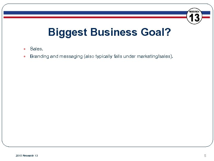 Biggest Business Goal? Sales. Branding and messaging (also typically falls under marketing/sales). 2015 Research