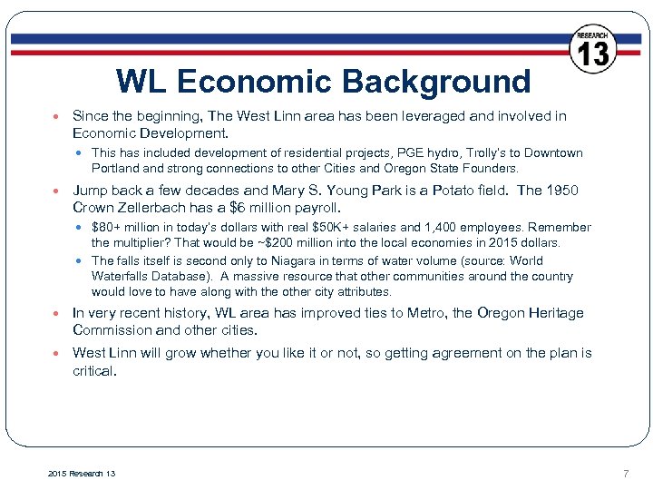 WL Economic Background Since the beginning, The West Linn area has been leveraged and