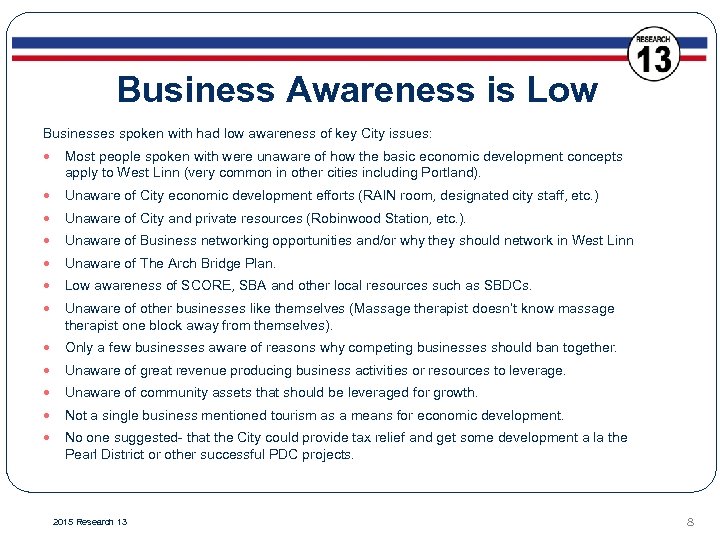 Business Awareness is Low Businesses spoken with had low awareness of key City issues:
