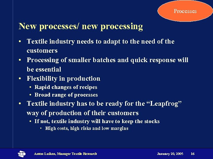 Processes New processes/ new processing • Textile industry needs to adapt to the need