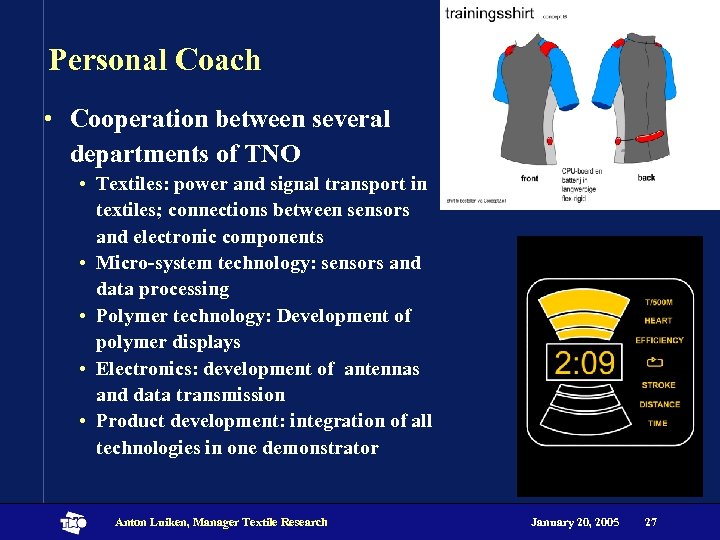 Personal Coach • Cooperation between several departments of TNO • Textiles: power and signal