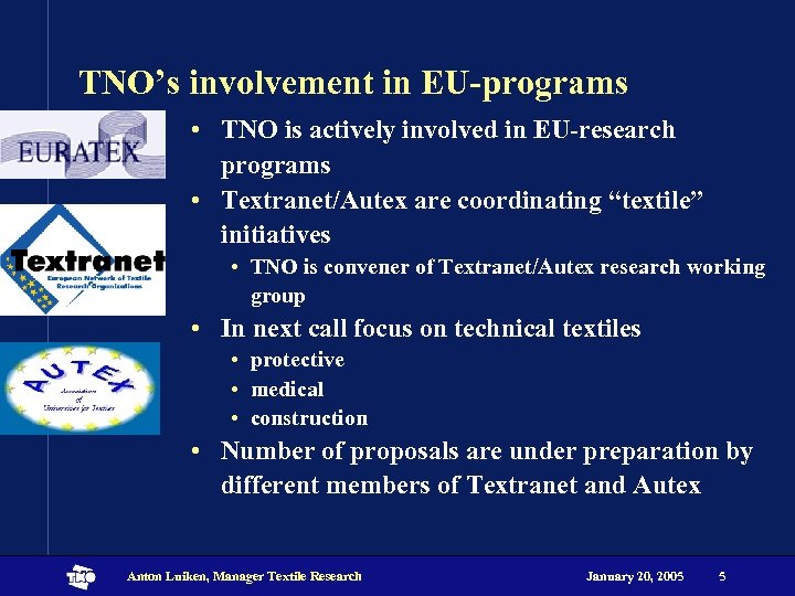 TNO’s involvement in EU-programs • TNO is actively involved in EU-research programs • Textranet/Autex